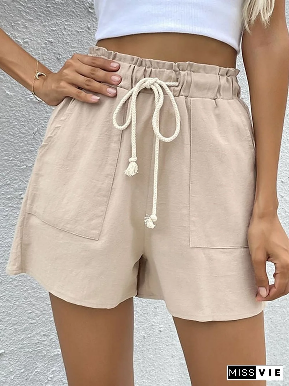 Cotton Linen Loose Drawstring Women's Commuter Casual Wide-leg Shorts