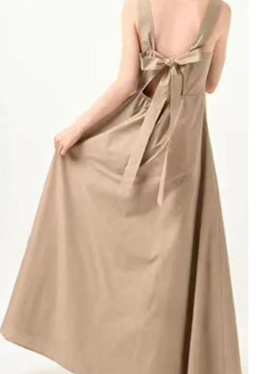 Fitted Khaki Bow Patchwork Cotton Spaghetti Strap Dress Sleeveless