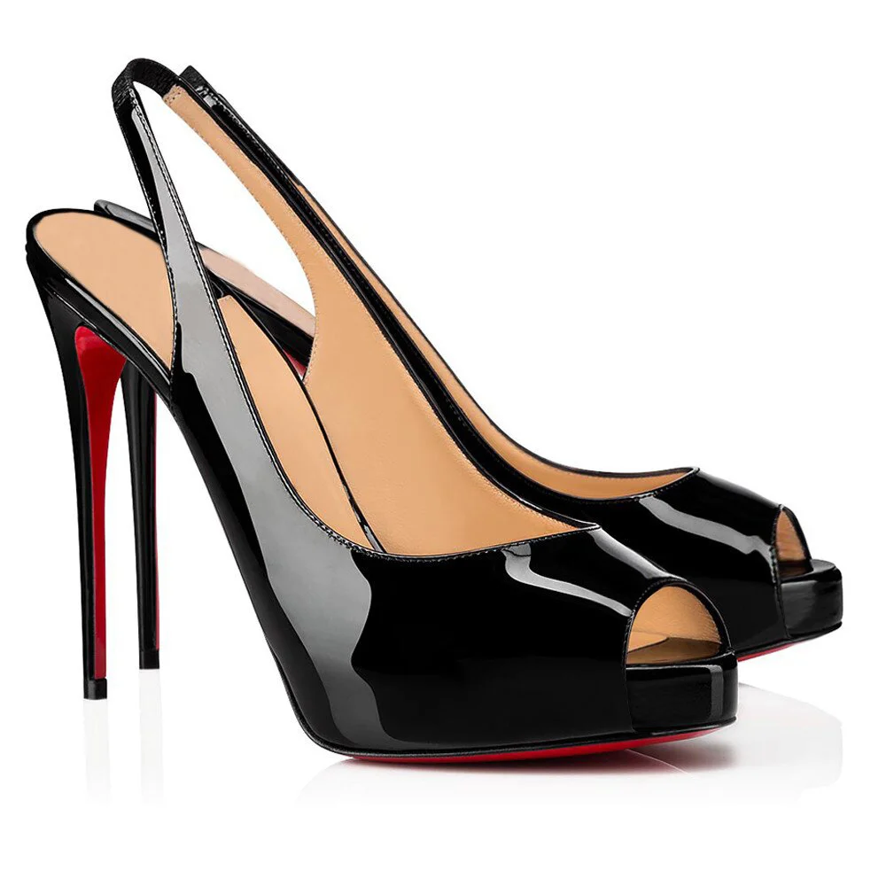 120mm Red Bottom Elastic Strap Slingback Sandals Peep Toe Platform Stilettos Black Patent Heels-MERUMOTE