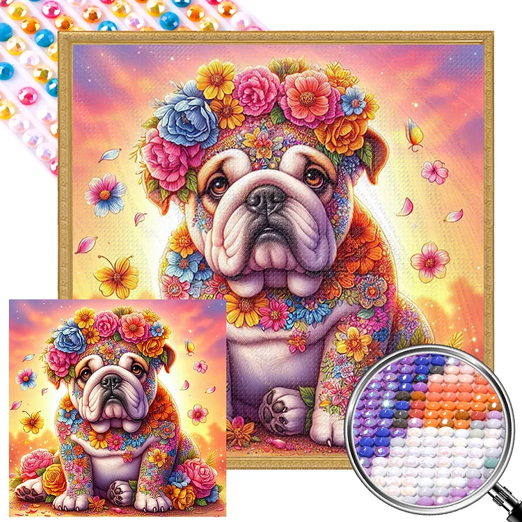 Sunset Flower Fighting Dog 30*30CM (Canvas) Full AB Round Drill Diamond Painting gbfke