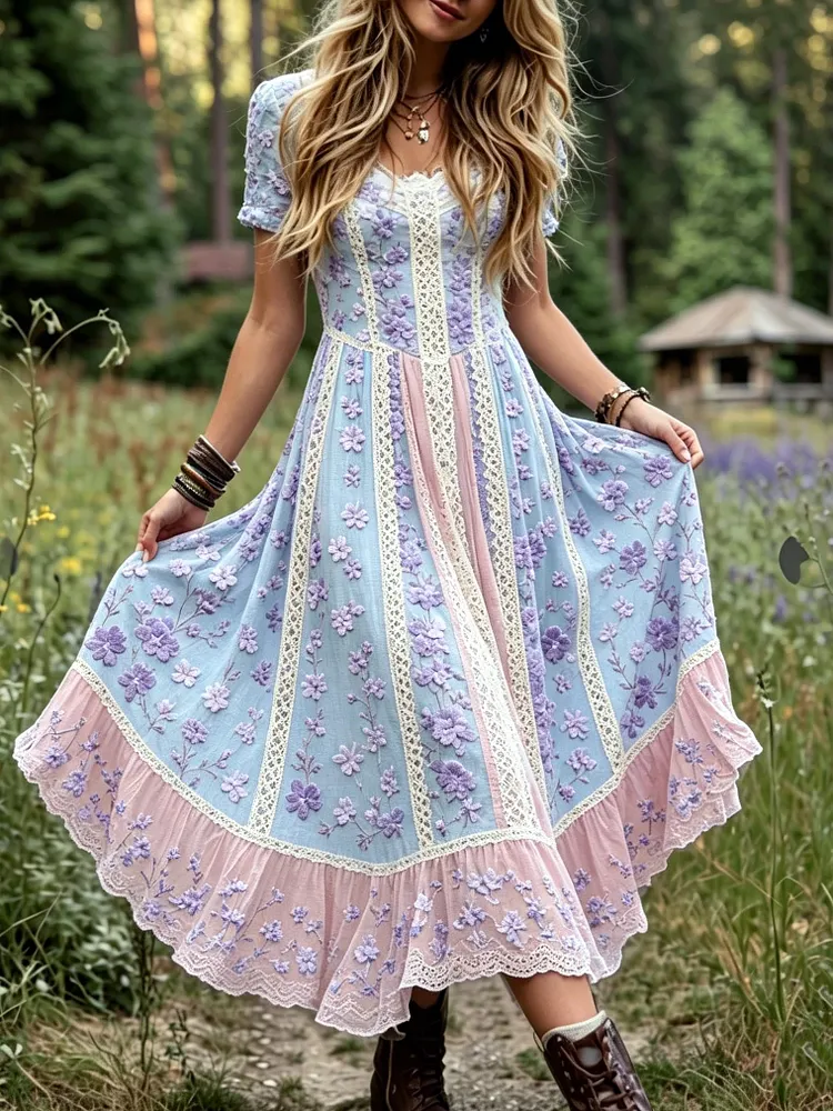 Women's Retro Floral Print Color Block Cotton Linen Comfortable Round Neck Slim Fit Dress