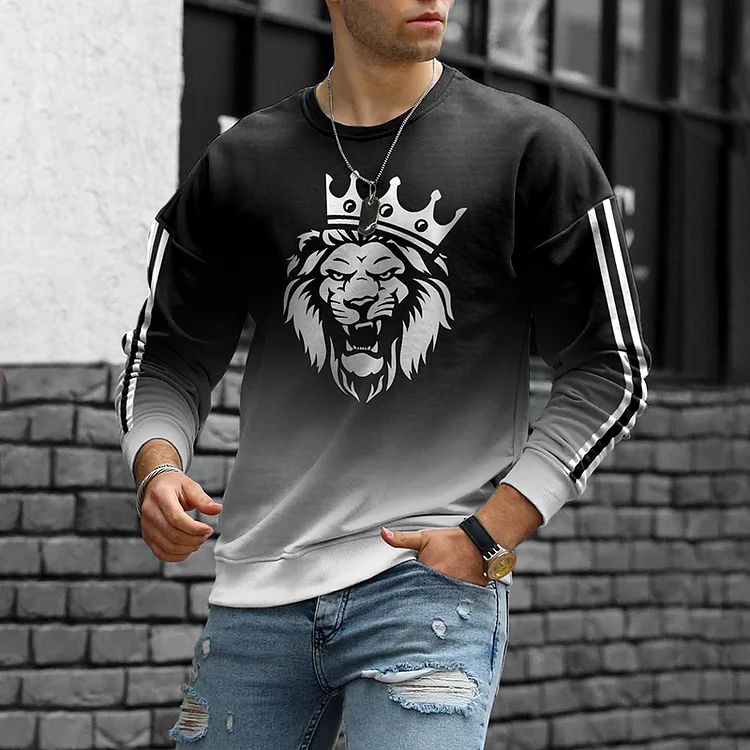 Trendy Black And White Gradient Lion Print Crew Neck Sweatshirt