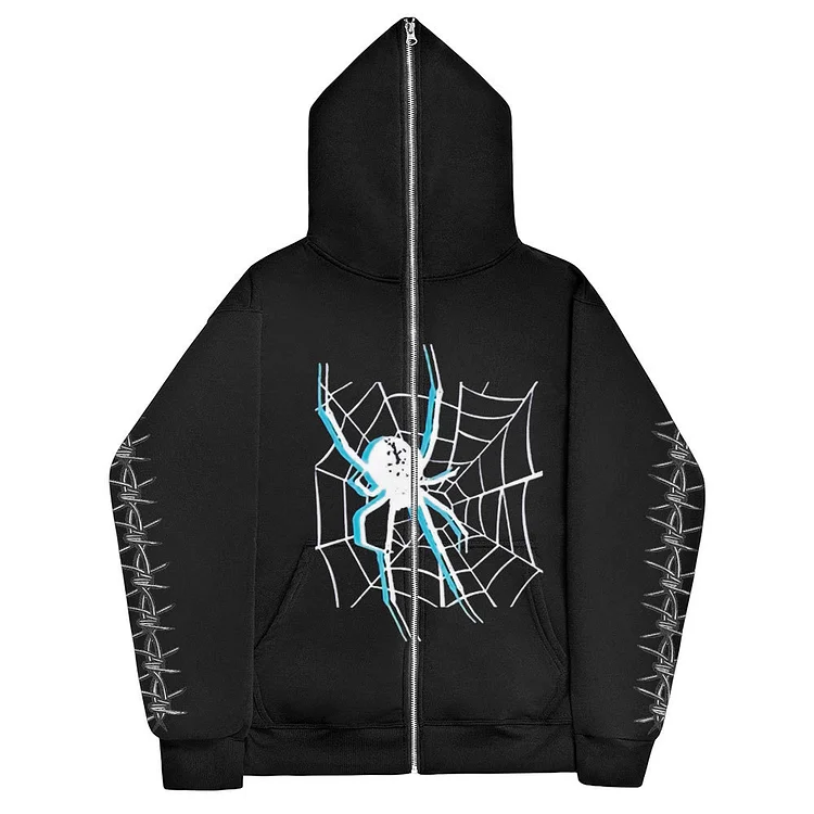 Street Goth Spider Print Zipper Sweatshirt Full Zip Up Hoodie at Hiphopee