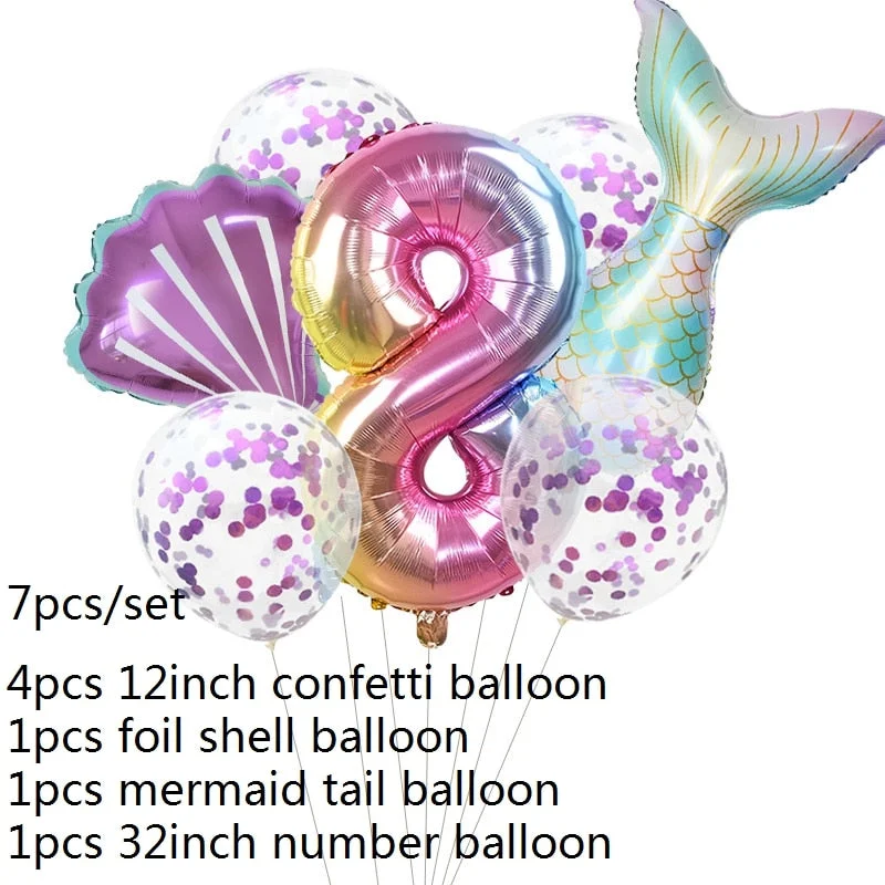 7pcs Mermaid Party Balloons 0 1 2 3 4 5 6 7 8 9 Number Foil Balloon Kids Birthday Party Decorations Baby Shower Helium Globos