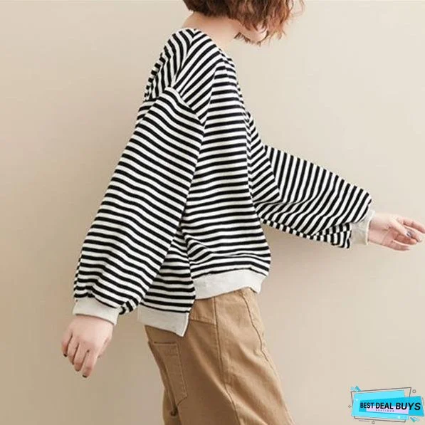 Women Autumn Long Sleeve Cotton Sweatshirt Striped Female Loose Casual Pullovers Hoodies