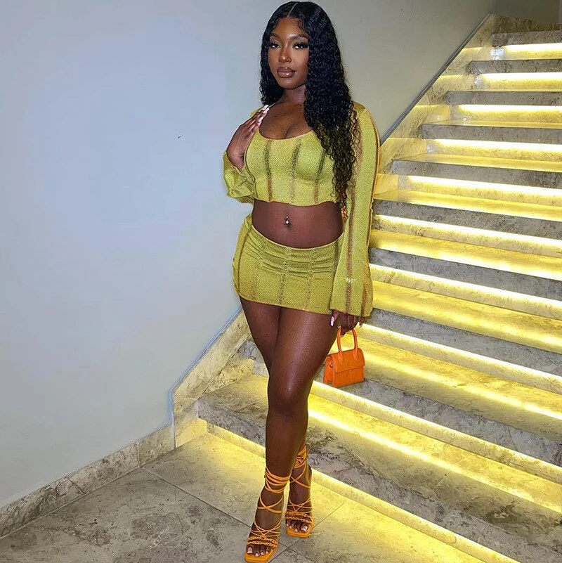 Hollow Out Knitted Two Piece Set Women  O Neck Long Flare Sleeve Crop Top Bodycon Mini Skirts Casual Beach Dress Suits