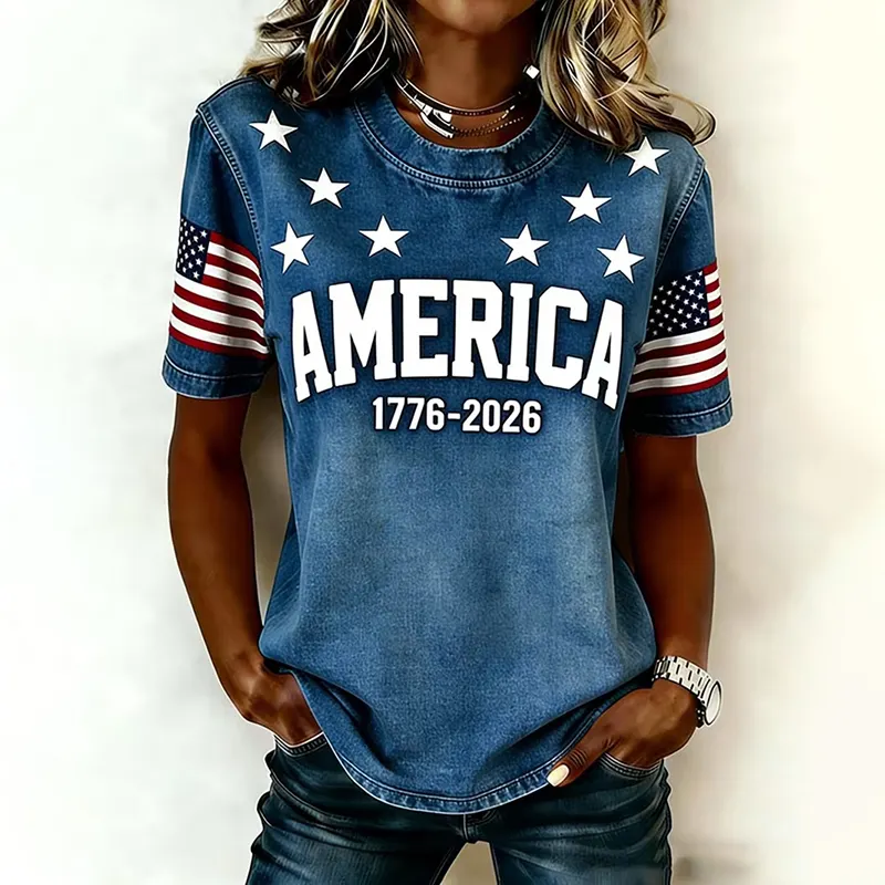 Comstylish Women's 1776 Independence Day Flag Print Casual T-shirt