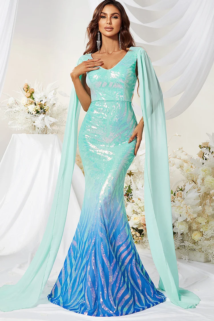 Gradient V Neck Long Sleeve Fishtail Sequins Dress-Mint Blue