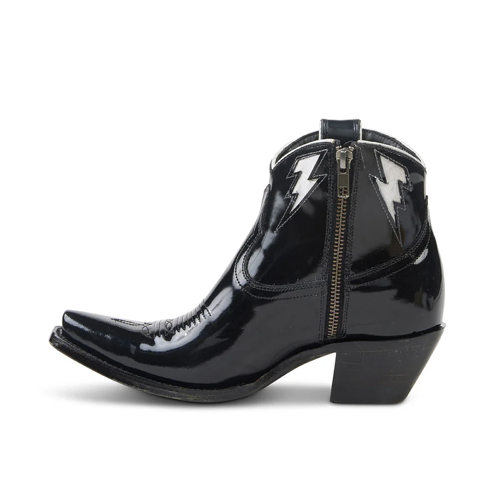 Black Patent Leather Lightning Inlay Chunky Heel Cowgirl Boots