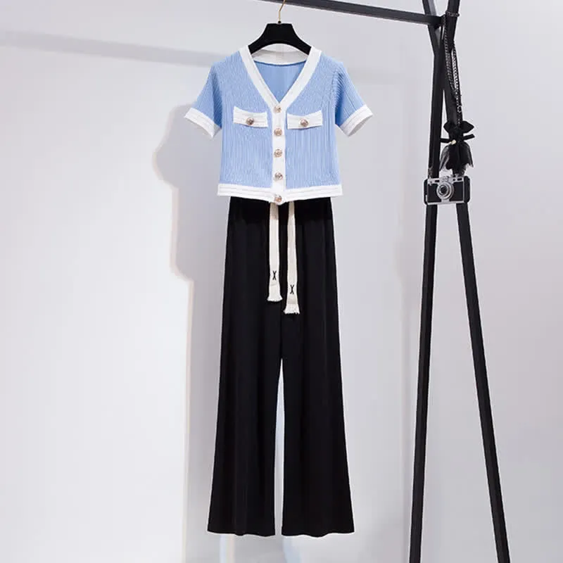 V-neck Cardigan Crop T-Shirt Drawstring Casual Pants