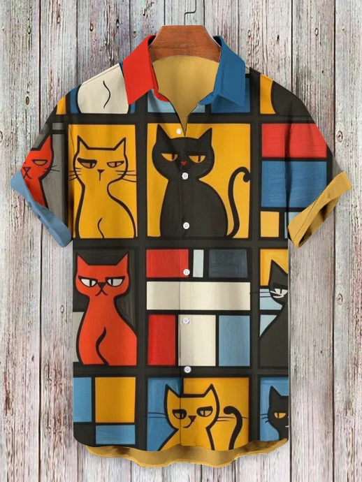 Men's Fun Cat Drawing Colorblock Print Hawaiian Beach Shirt