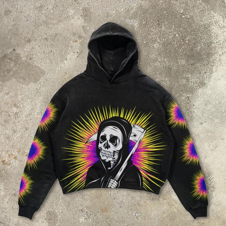 Vintage Skull Death Graphic Acid Washed Oversized Hoodie