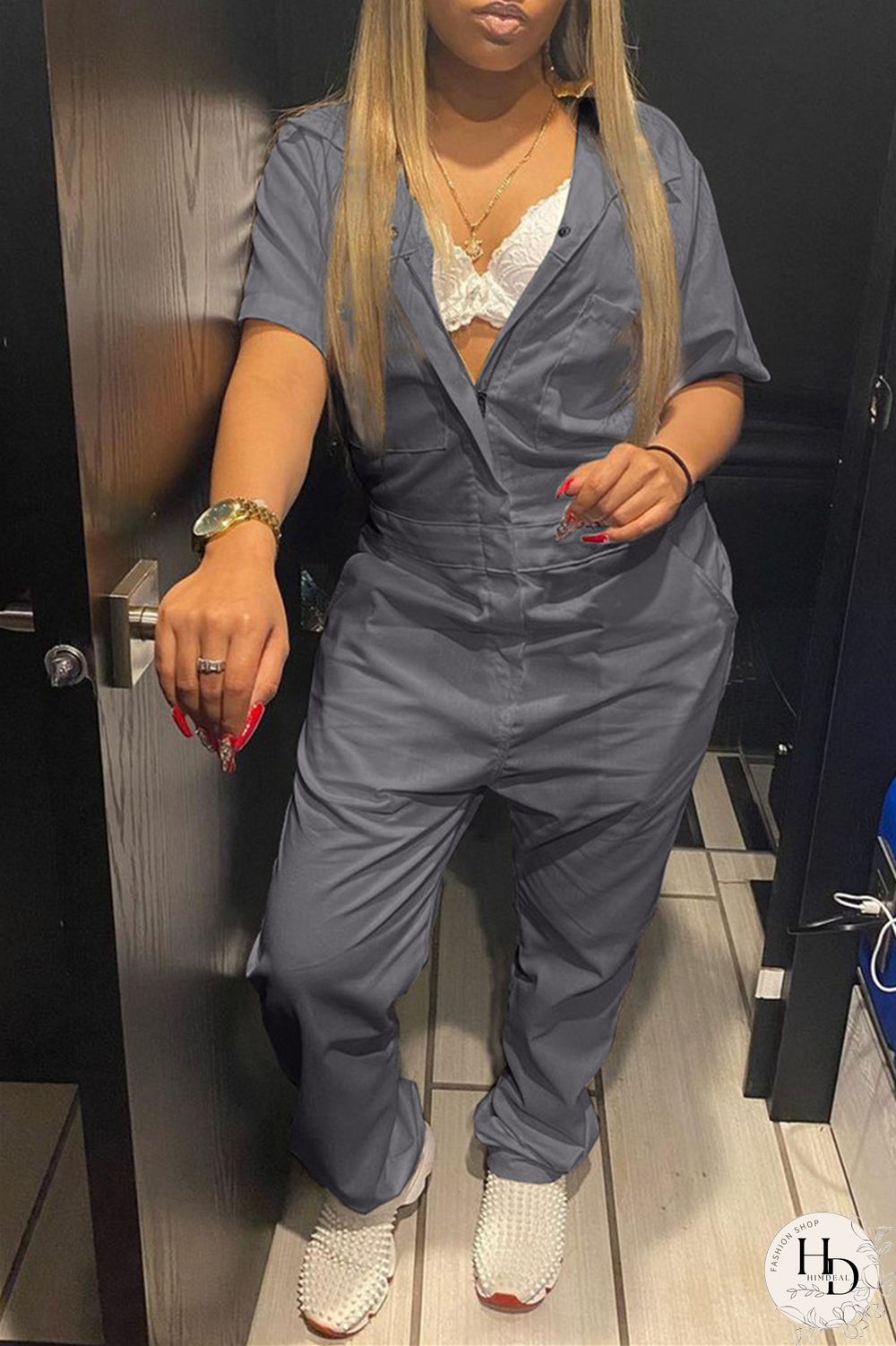 Grey Fashion Casual Solid Basic Turndown Collar Regular Jumpsuits