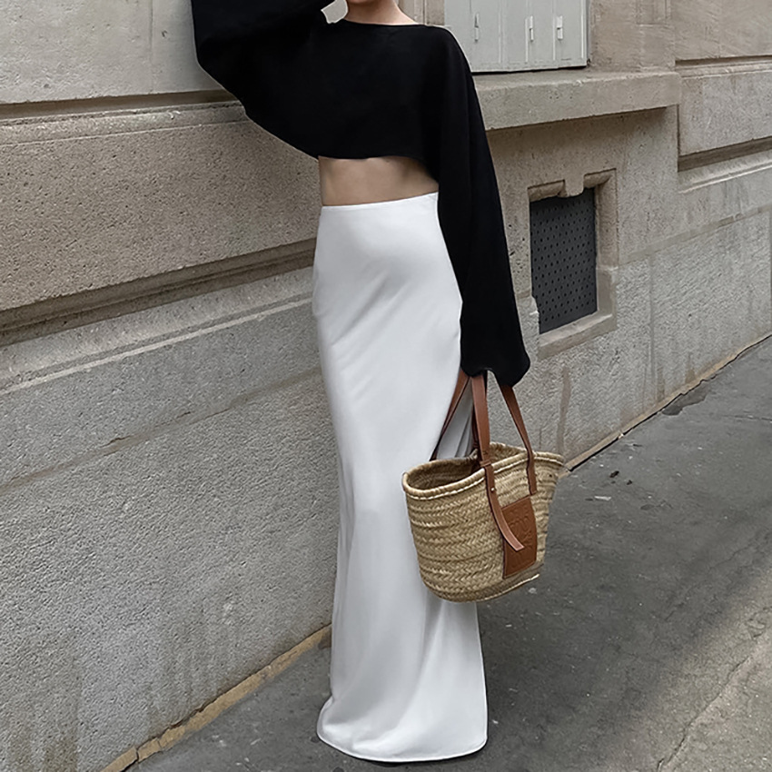 Ootddress High Waist Solid Elegant Long Skirt Women Satin Elegant Fashion Zipper Patchwork Y2k Maxi Skirt Casual Summer Long Skirt