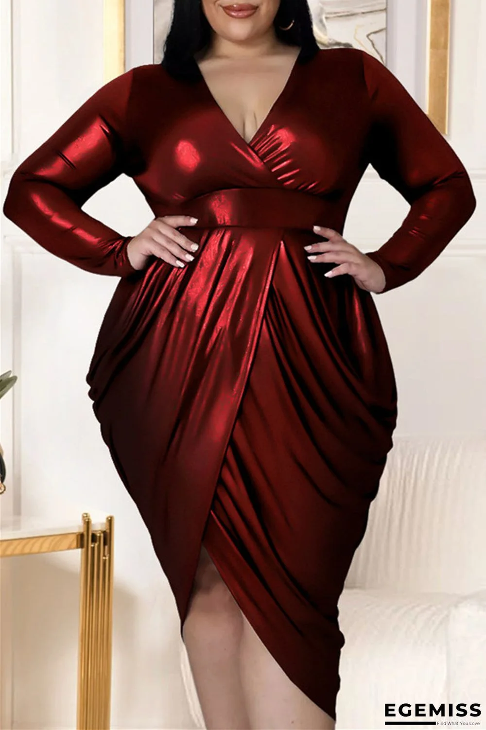 Red Fashion Sexy Bronzing Patchwork V Neck Long Sleeve Plus Size Dresses | EGEMISS