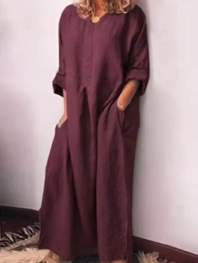 Women's Cotton Linen Dress Maxi Long Dress Red Green Gray 3/4 Length Sleeve Solid Color Patchwork Fall Summer Round Neck Casual Cotton 2021 S M L XL XXL 3XL 4XL 5XL