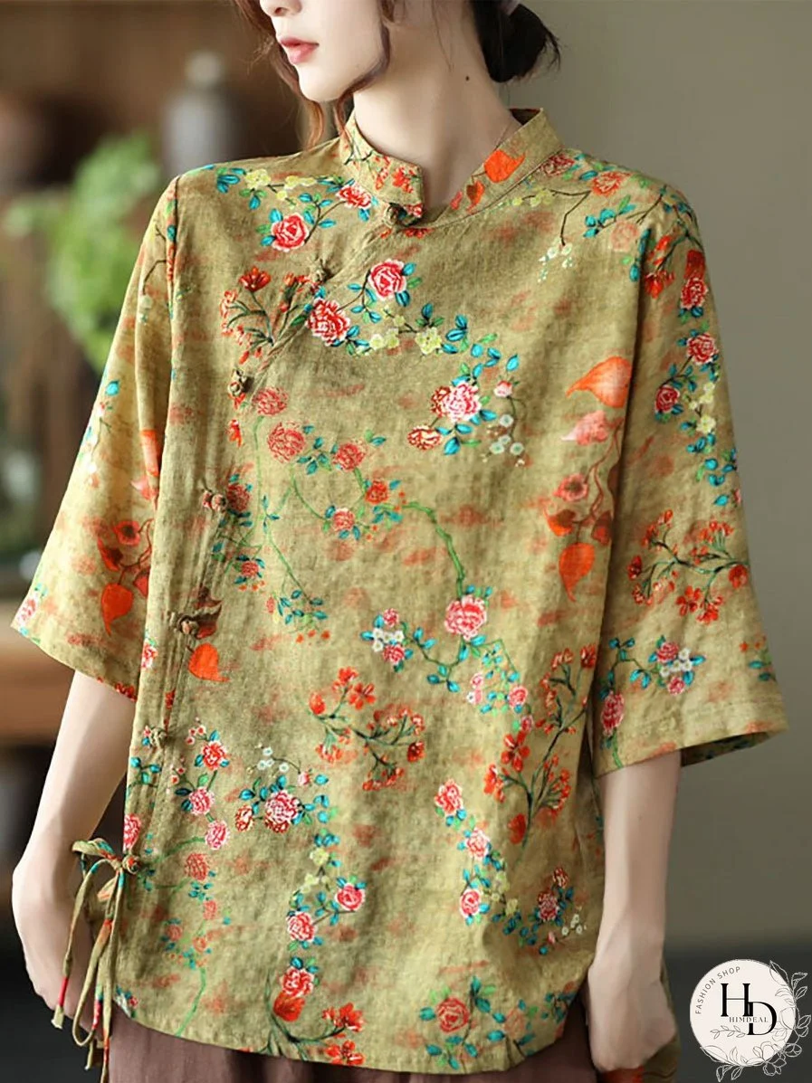 Women Loose Cotton Linen Floral Irregular Vintage Shirt