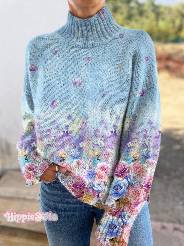 Floral Gradient Art Print Knitted Turtleneck Pullover Sweater Multicolor / S