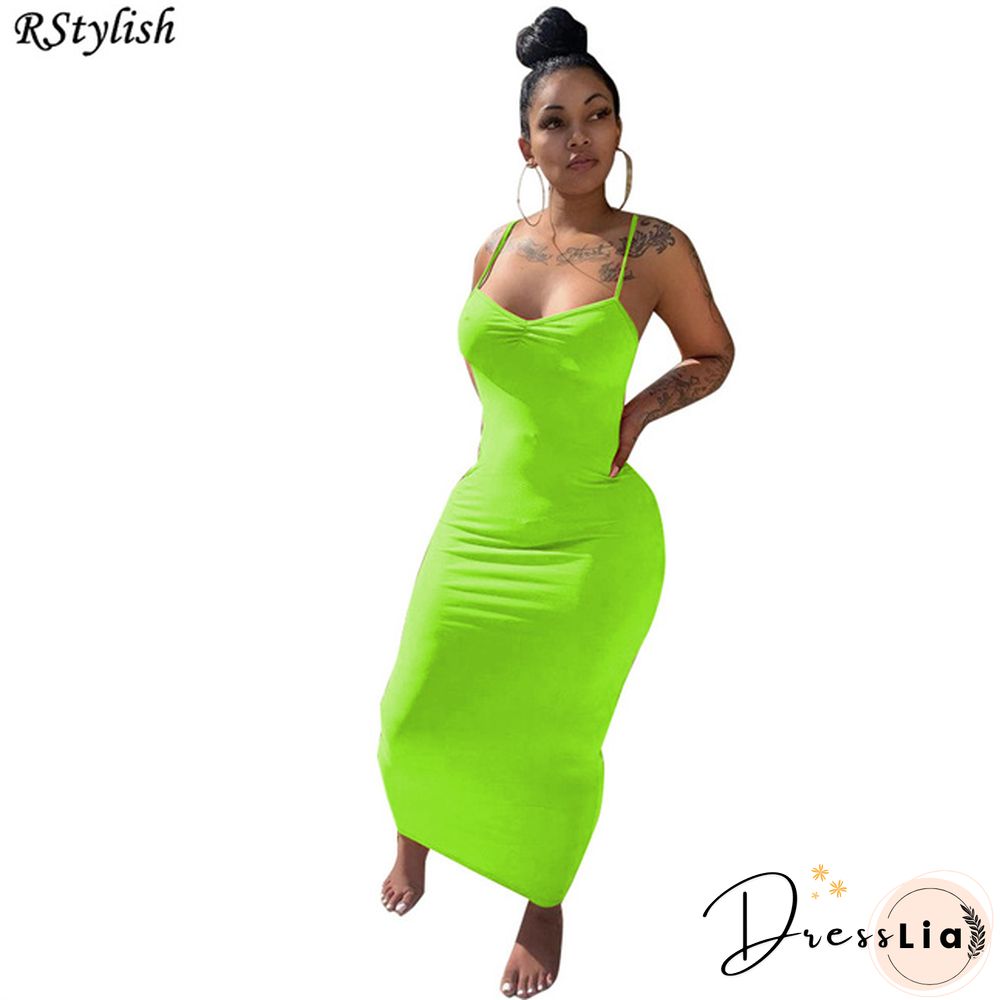 Elegant Women Solid Color Spaghetti Strap Sheath Long Dress
