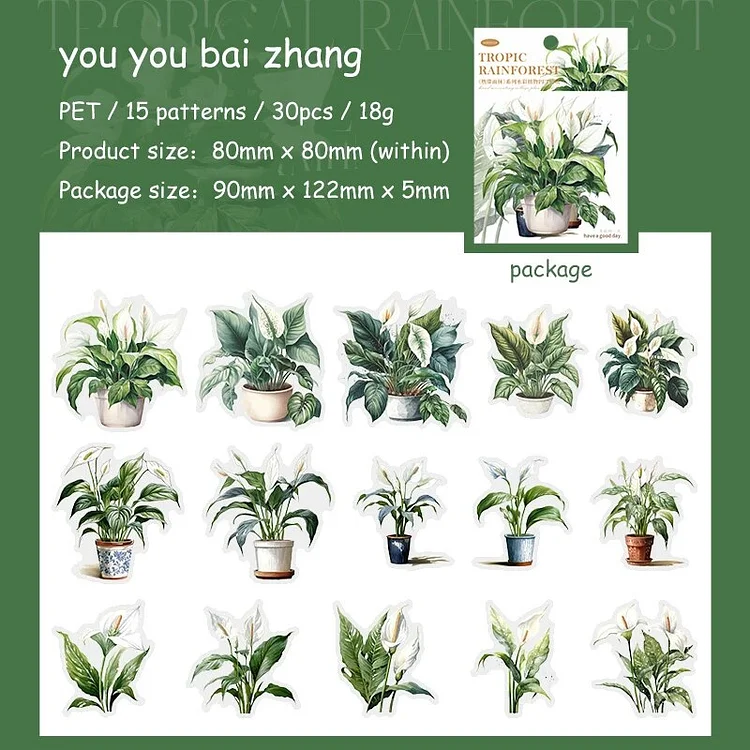 Journalsay 30 Sheets Tropical Rainforest Series Vintage Plant Flower PET Sticker