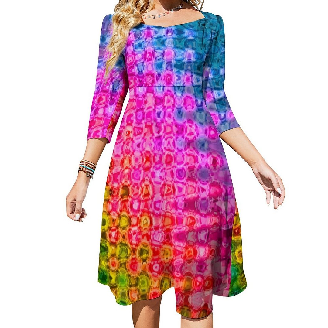 Bootyliscious Liquid Paint Rainbow Revolution Dress Sweetheart Tie Back Flared 3/4 Sleeve Midi Dresses