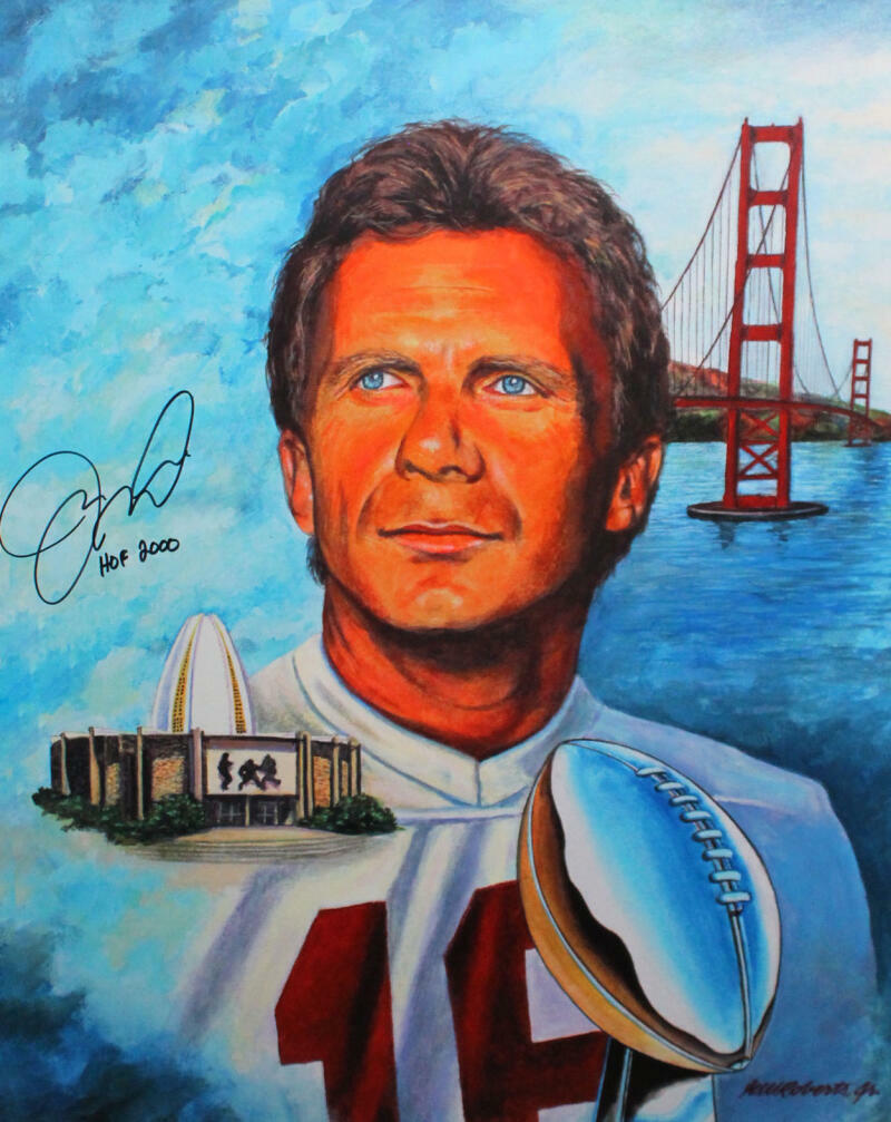 Joe Montana Signed 49ers16x20 Painted Portrait Print w/HOF - JSA W Auth *Black