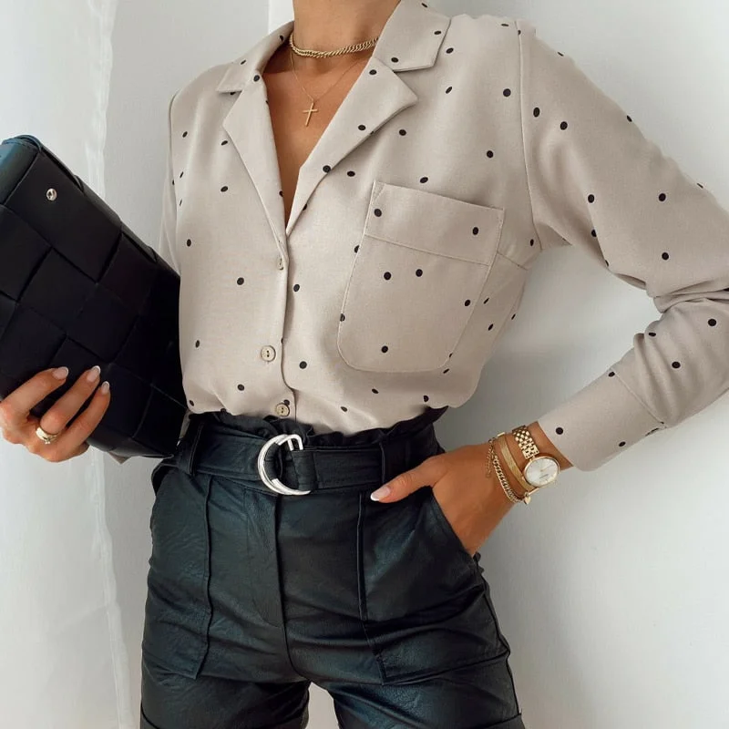 Women Polka Dot Pockets Casual Blouse Long Sleeve Notched Collar Simple Elegant Shirt 2020 Autumn Office Lady fashion Women Tops