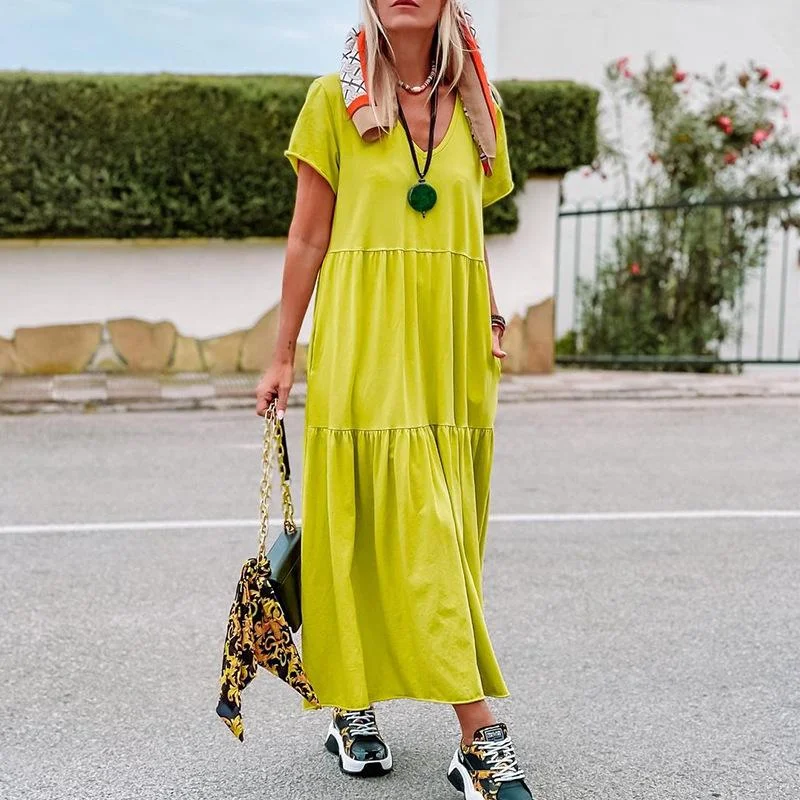 Yellow Plain Short-Sleeved Pockets Dress