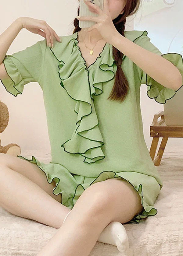 DIY Green V Neck Ruffled Patchwork Knitting Cotton Pajamas Set Summer