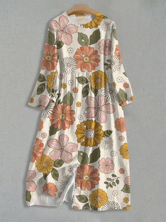 Women's Art Botanical Floral Print Single Breasted Dress