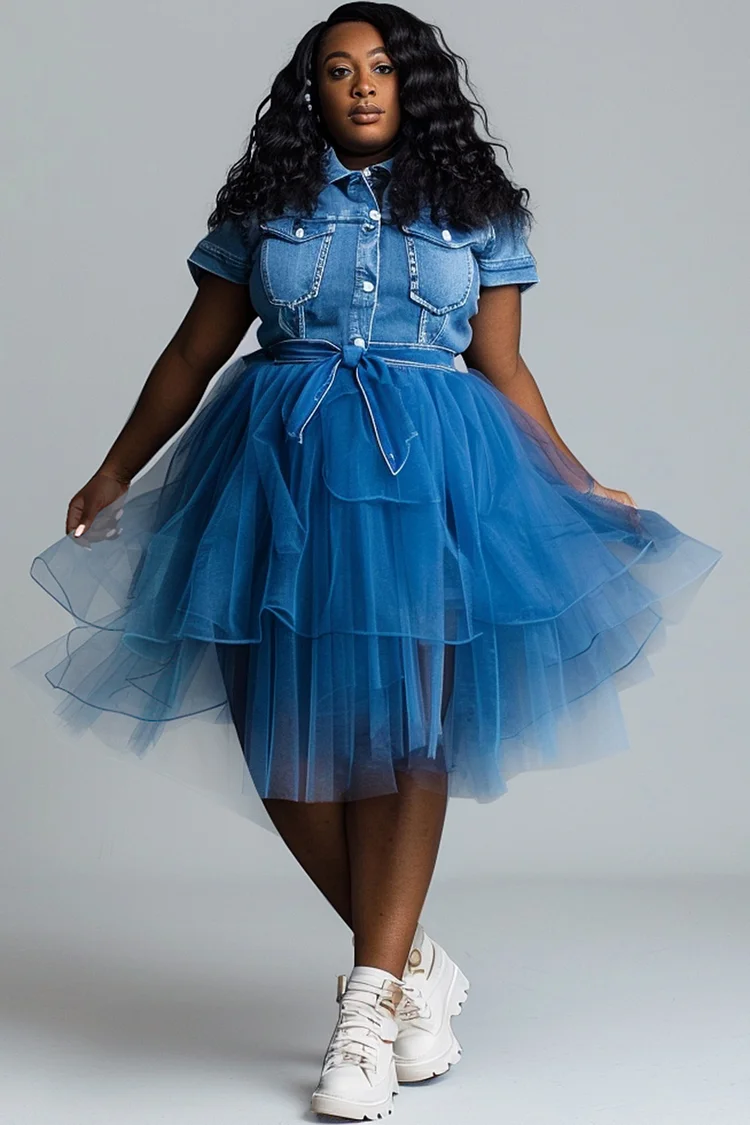 Xpluswear Design Plus Size Daily Blue Casual Shirt Collar Short Sleeve Contrast Tencel Denim Midi Dresses [Pre-Order]