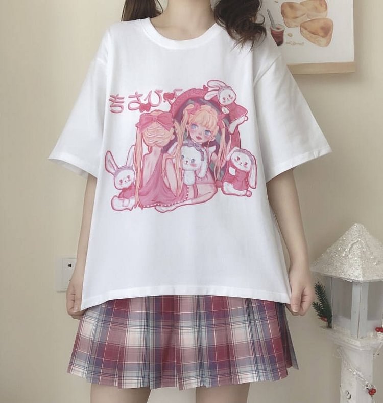Anime Print Round Collar Casual T-Shirt - Modakawa Modakawa