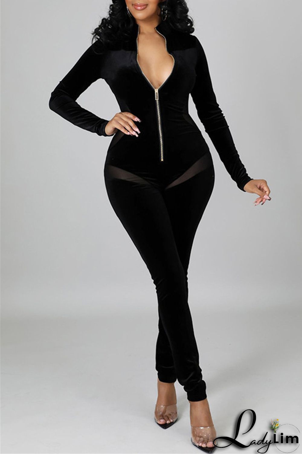 Yellow Fashion Casual Solid Split Joint Zipper Collar Skinny Jumpsuits