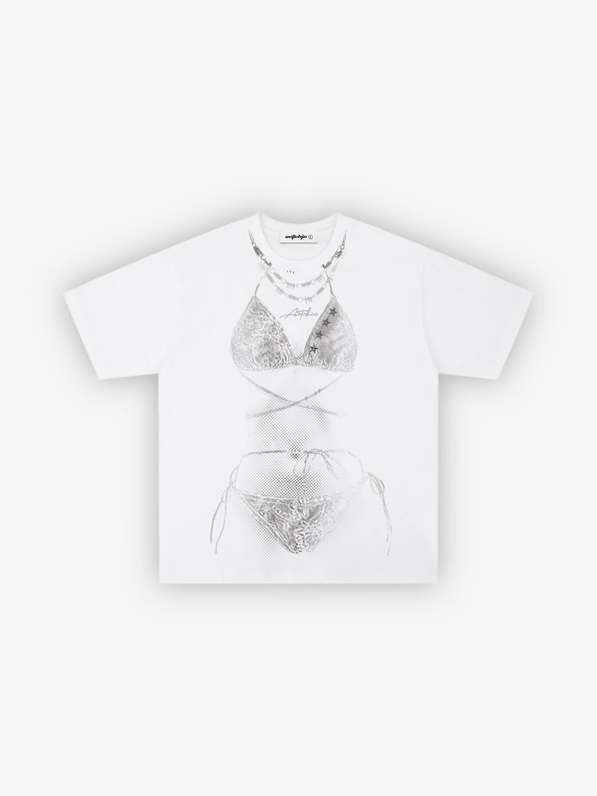 White Act Chic Hand Drawn See Through Bikini Print Tee Front