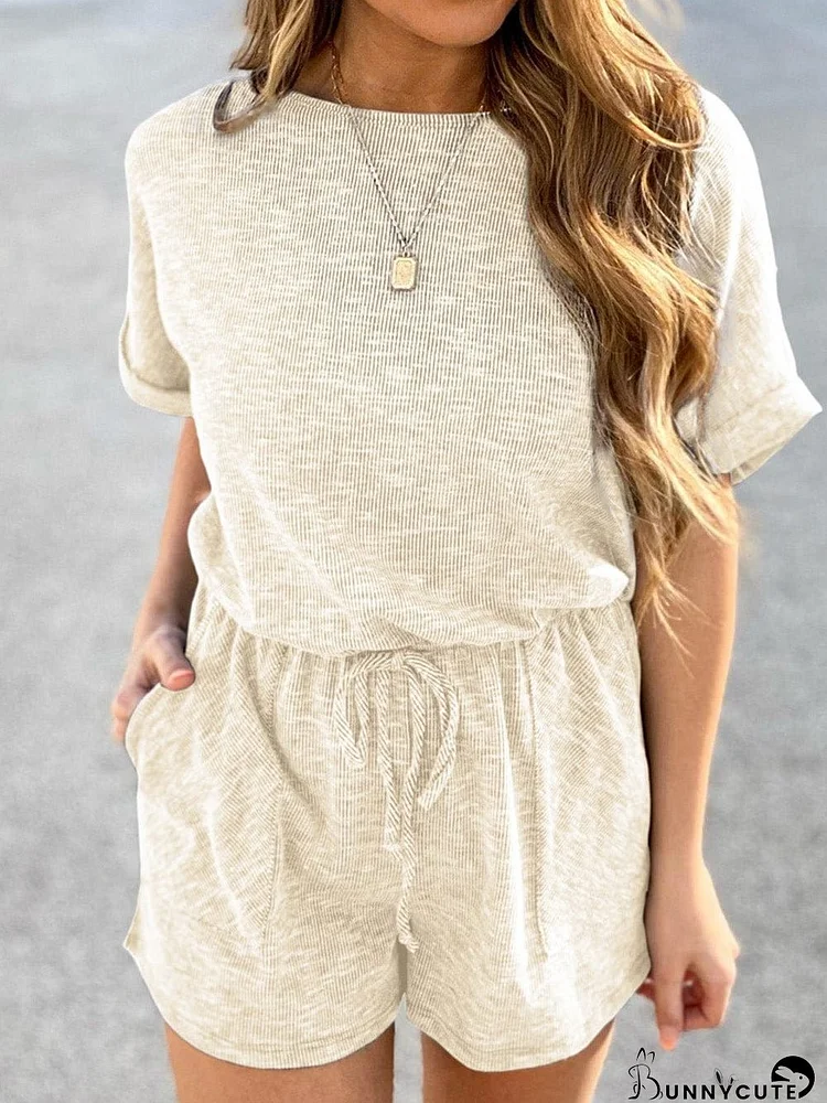 Beige Ribbed Drawstring Romper with Pockets