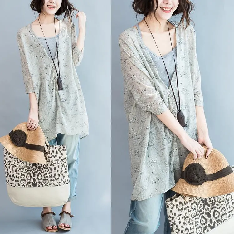 Gray V neck floral dresses plus size cardigans coats long sleeve blouses
