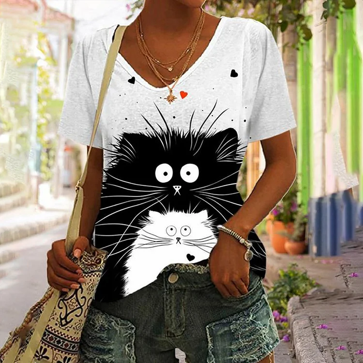 Vefave Cat Print Short Sleeve V-Neck Casual T-Shirt