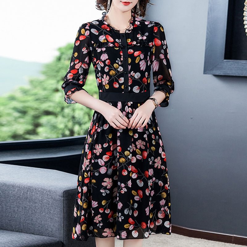 Women's Floral Silk Dress Summer Waist Slimming Mulberry French Style Temperament Skirt
