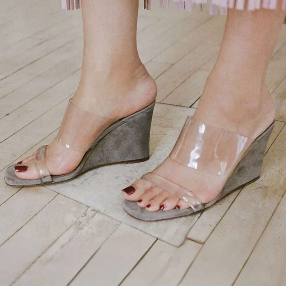 Grey Open Square Toe Slip On Transparent Strap High Heel Mules