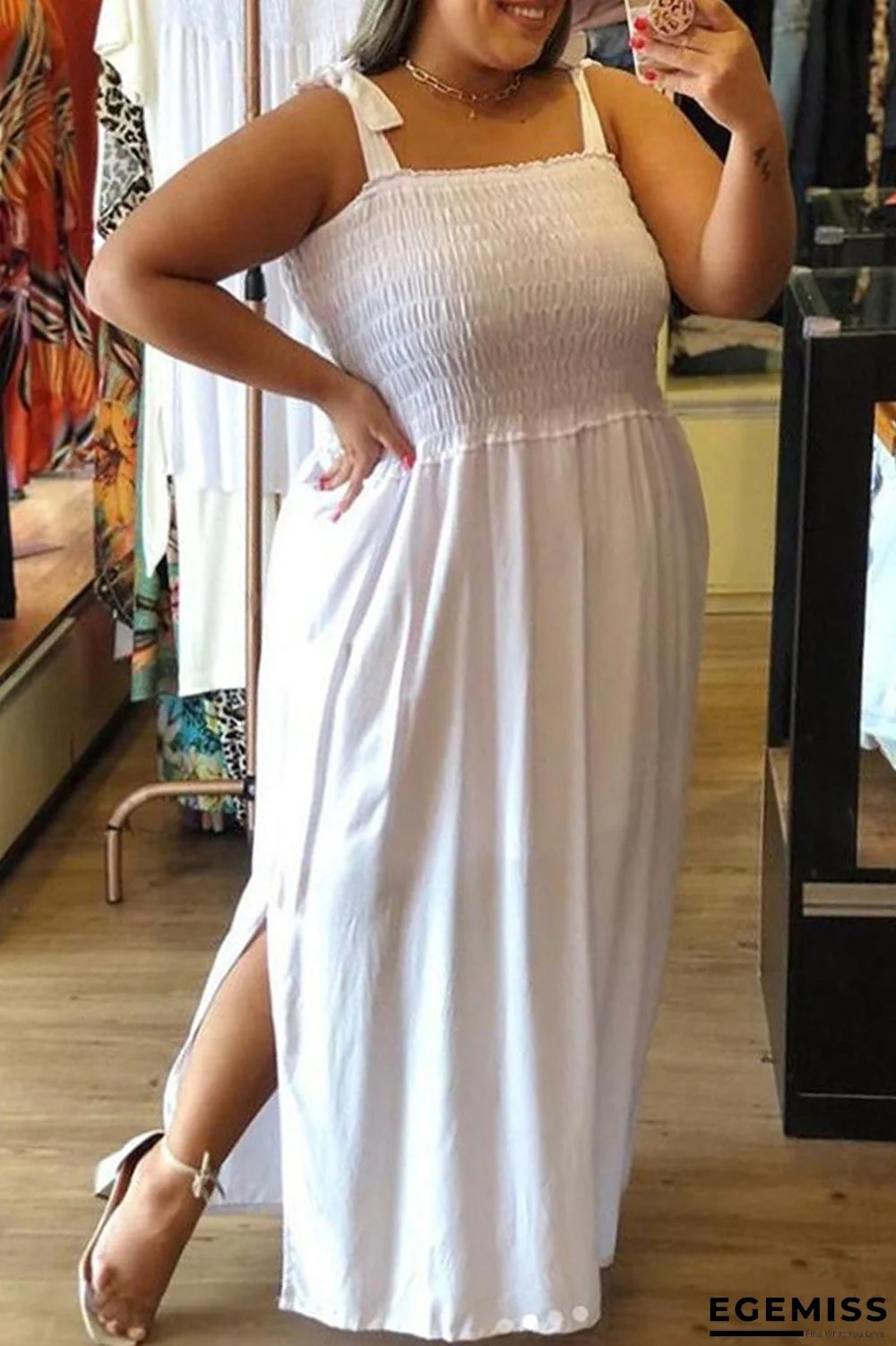 White Fashion Sexy Plus Size Solid Slit Spaghetti Strap Sleeveless Dress | EGEMISS