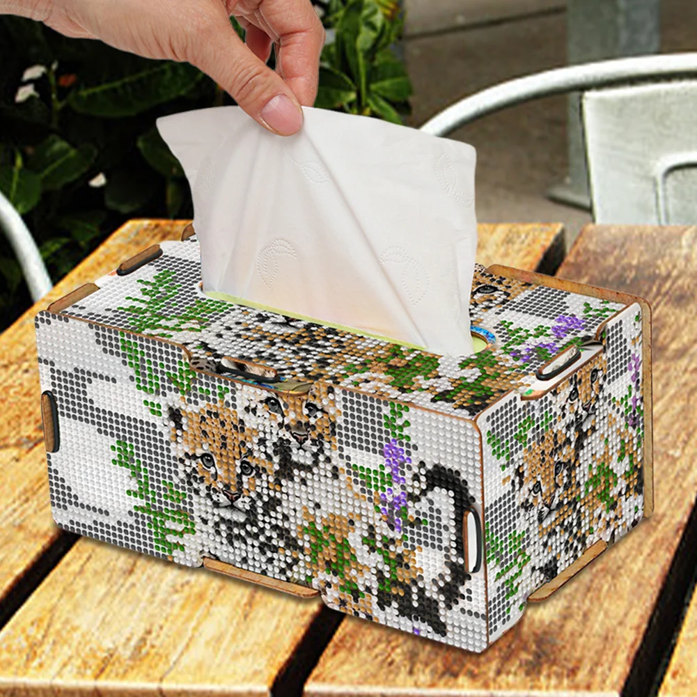 Leopard 5D DIY Diamond Painting Handmade Tissue Holder Wooden Tissue Box Craft