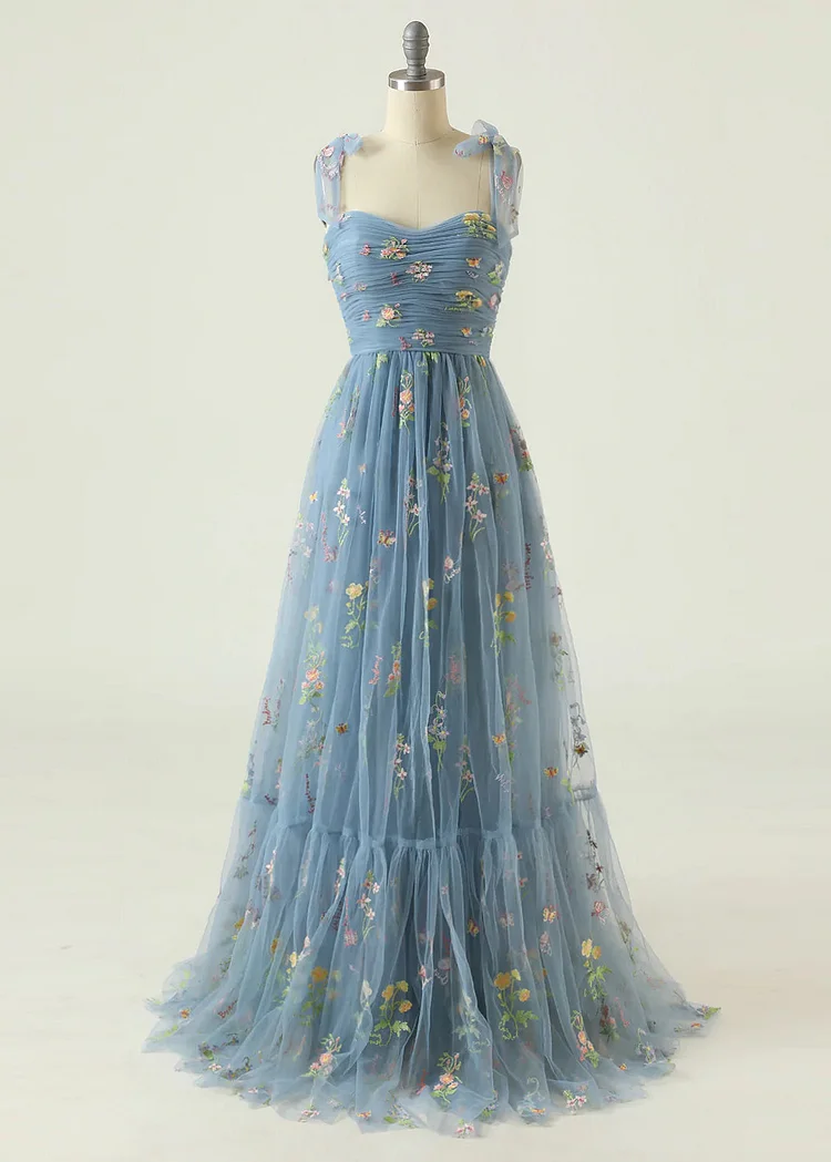 Boutique Blue Embroidered Lace Up Tulle Long Dresses Summer