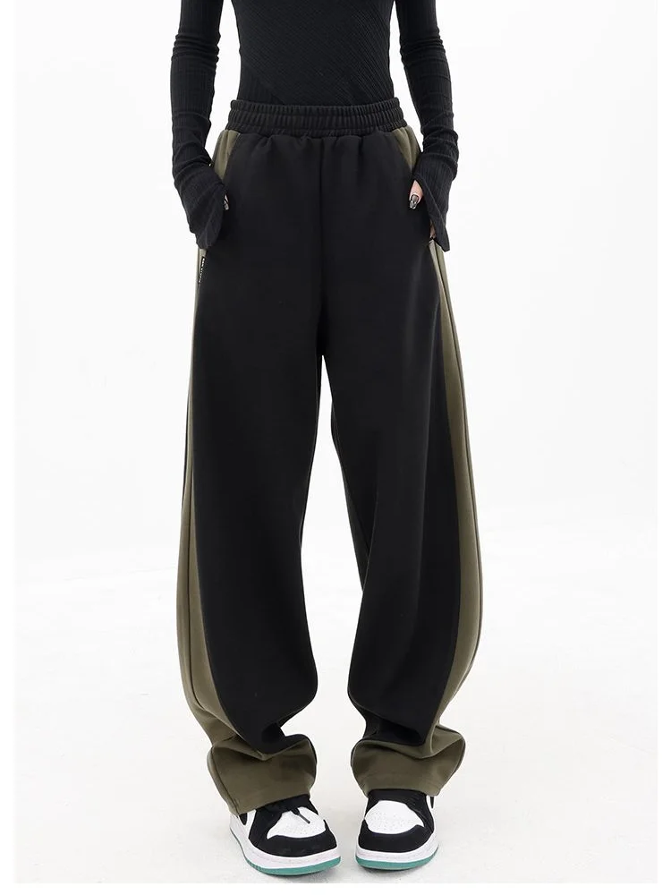 Women Spring Retro Loose Contrasting Trousers Casual Joggers Baggy Wide Leg Sweatpants High Waisted Sporty Y2k Pants Clothes