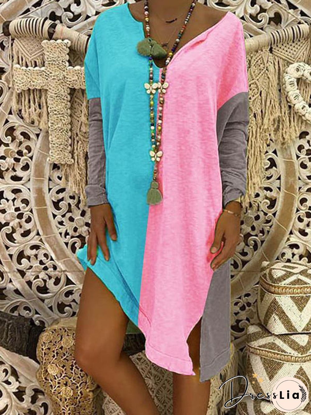 Slit Casual Shift Long Sleeve Knitting Dress