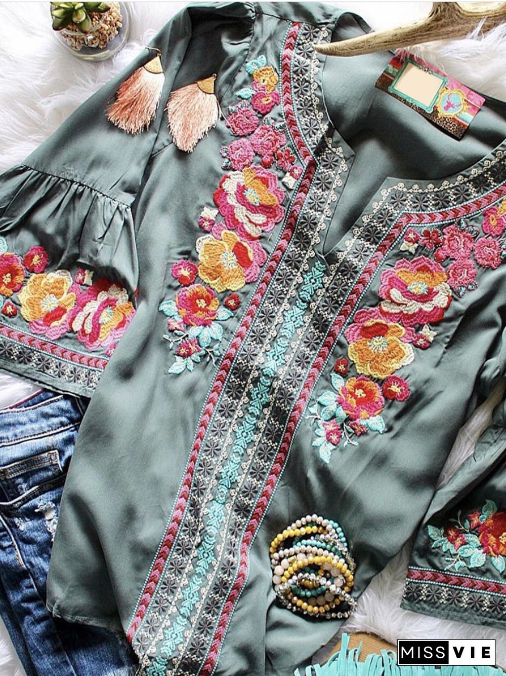 V Neck Floral Vintage 3/4 Sleeve Tops