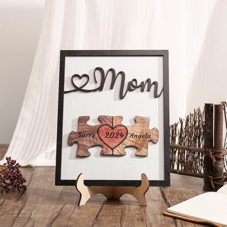 Personalized Puzzle Pieces Wooden Plaque Custom 2 Names & Year Wooden Sign With Stand Mother's Day Gifts for Mom