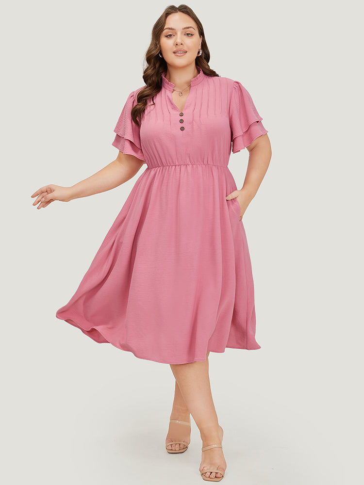 Solid Pocket Stand Collar Flutter Layered Pleated Dress  Money