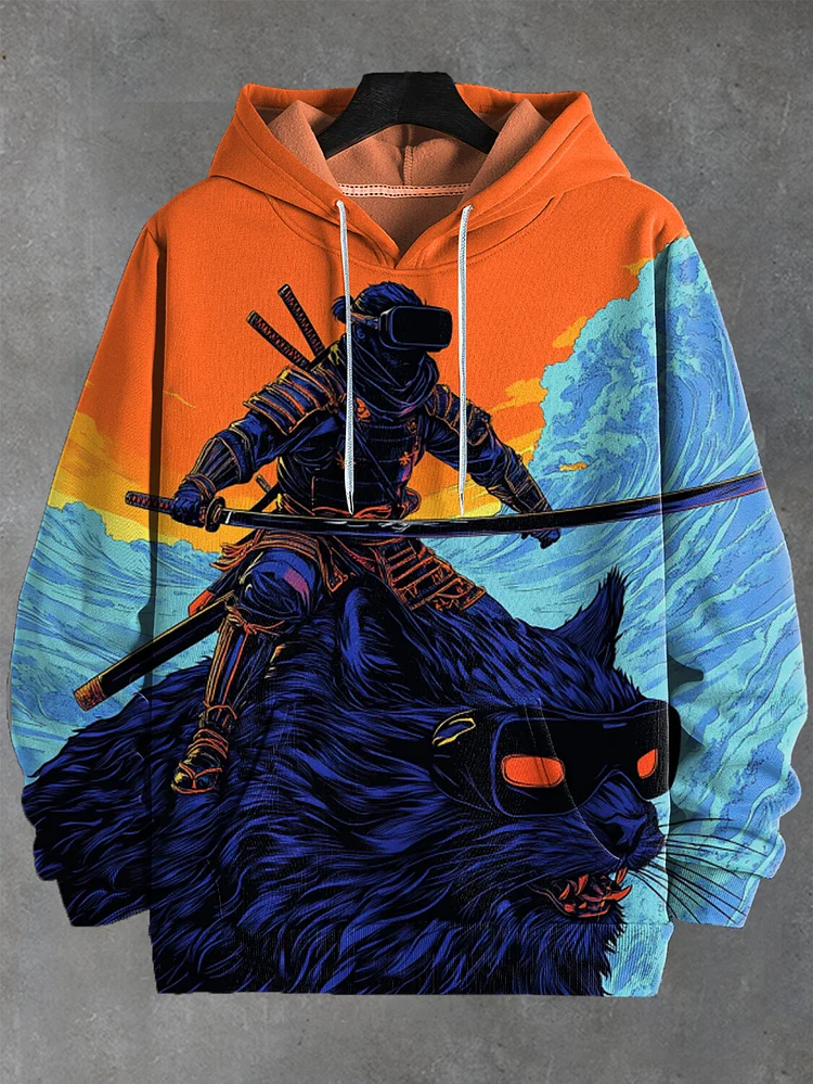 Men's Japanese Art Samurai Great Wave Print Casual Hoodie