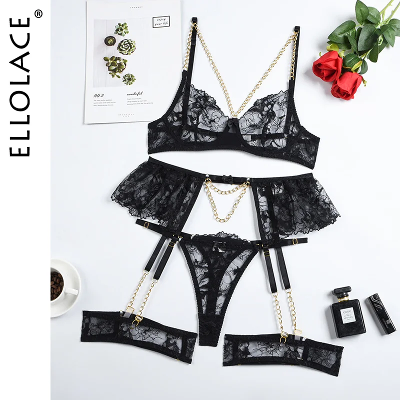 Billionm Lingerie Luxury Lace Female Underwear Sexy Transparent Bra Panty Sets With Chain Fancy See Through Exotic Sets 4-Piece