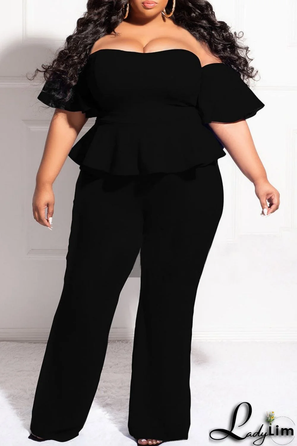 Black Sexy Casual Solid Backless Off the Shoulder Plus Size Jumpsuits